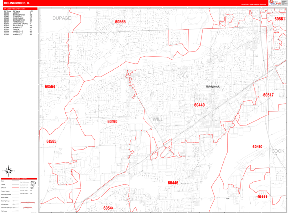 Bolingbrook City Wall Map Red Line Style