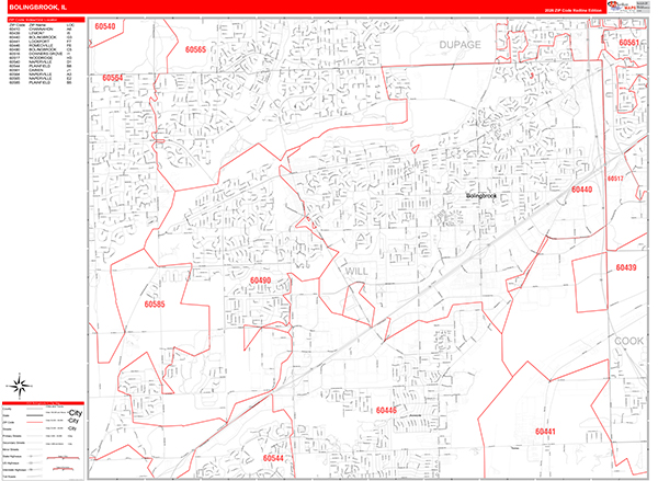 Bolingbrook City Wall Map Red Line Style