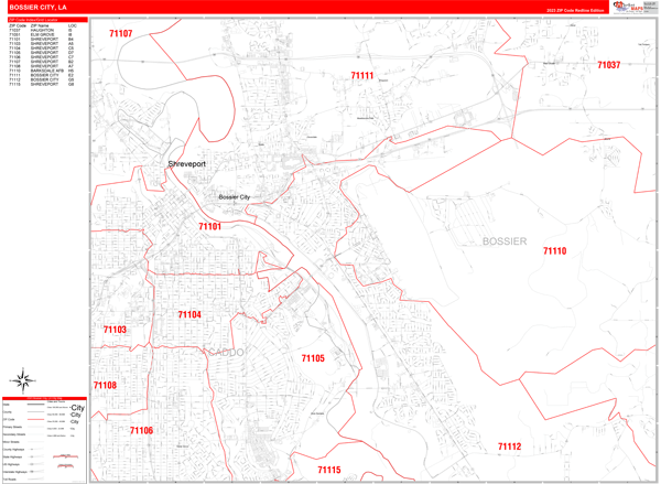 Bossier City Louisiana Zip Code Wall Map (Red Line Style) by MarketMAPS
