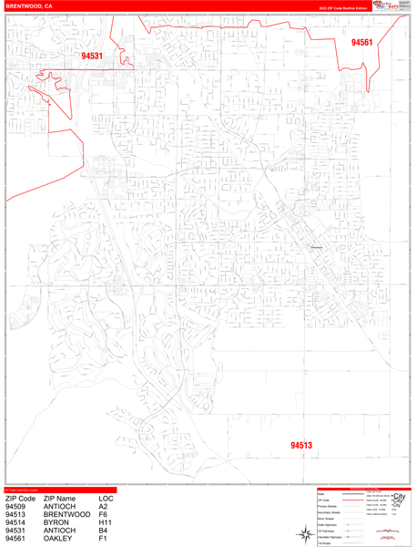 Brentwood California Zip Code Wall Map (Red Line Style) by MarketMAPS