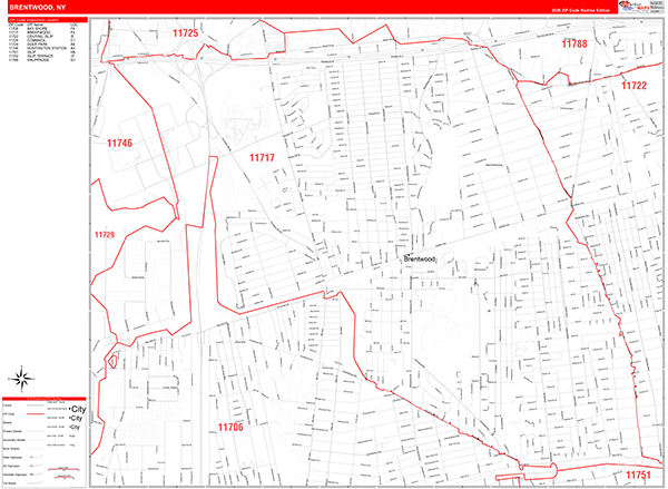 Brentwood City Wall Map Red Line Style
