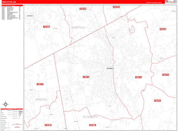 Brockton City Digital Map Red Line Style