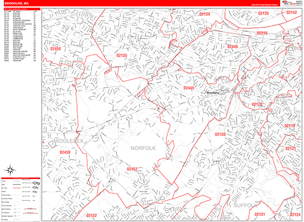 Brookline City Wall Map Red Line Style