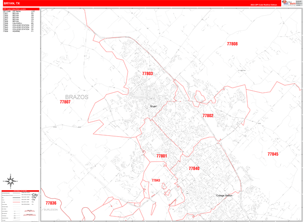 Bryan City Wall Map Red Line Style