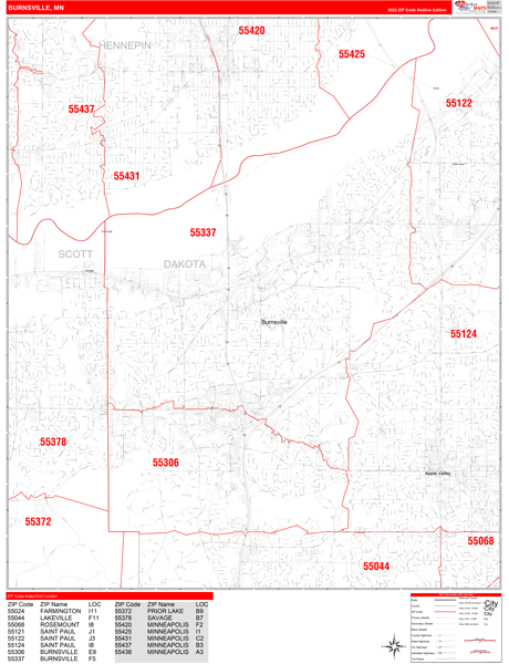Burnsville City Wall Map Red Line Style