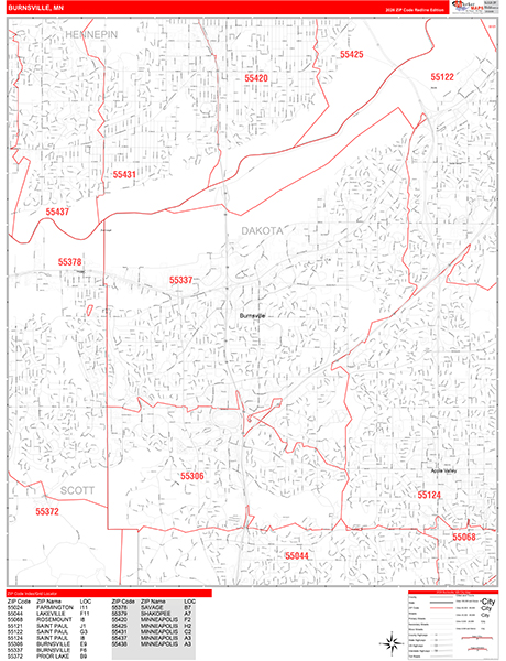 Burnsville City Wall Map Red Line Style