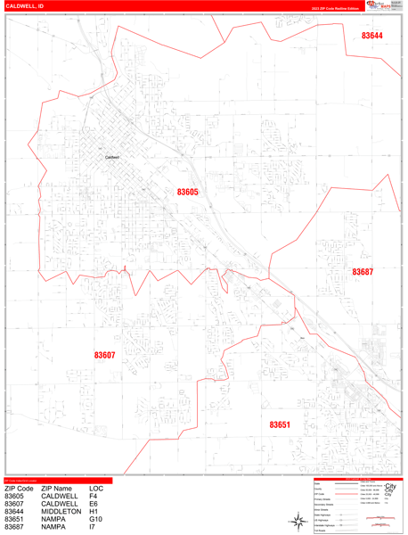 Caldwell City Wall Map Red Line Style
