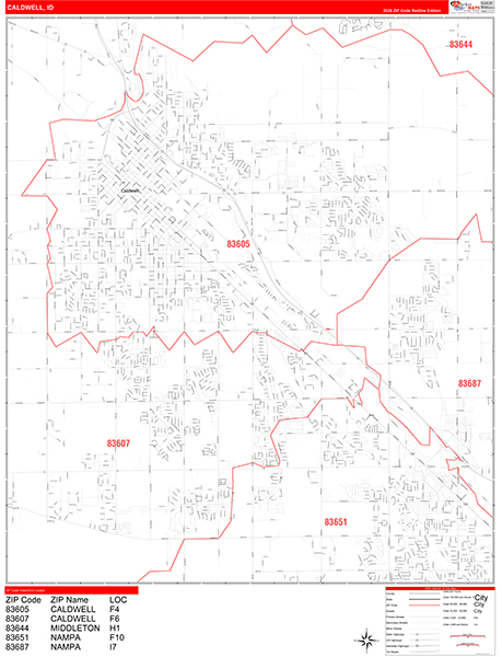 Caldwell City Wall Map Red Line Style