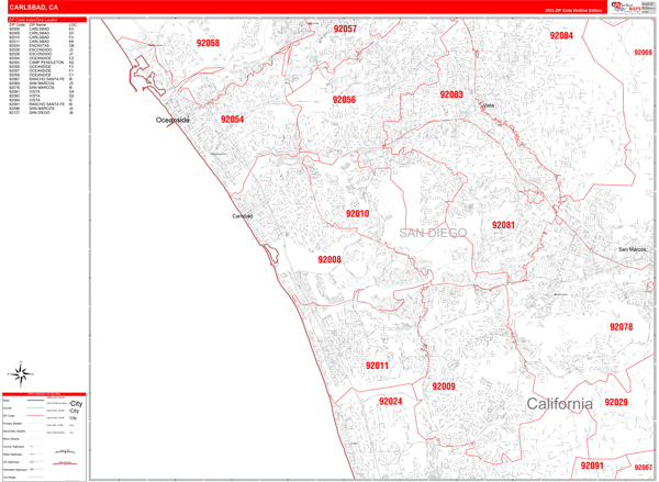 Carlsbad City Wall Map Red Line Style