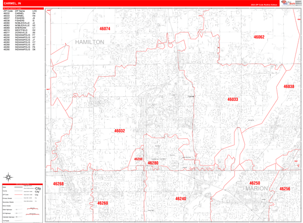 Carmel City Wall Map Red Line Style