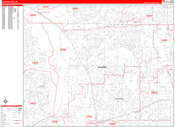 Carrollton City Wall Map Red Line Style