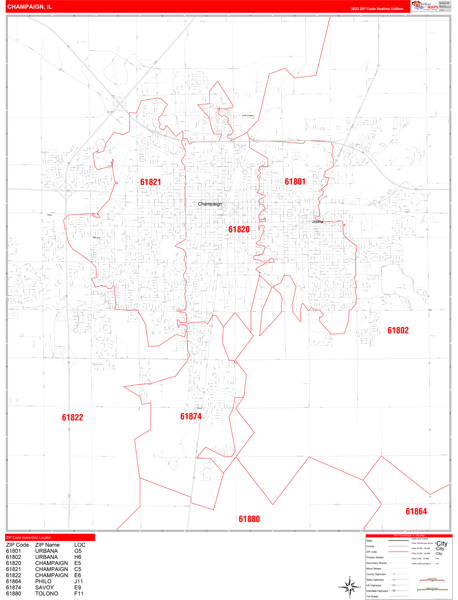 Champaign City Wall Map Red Line Style
