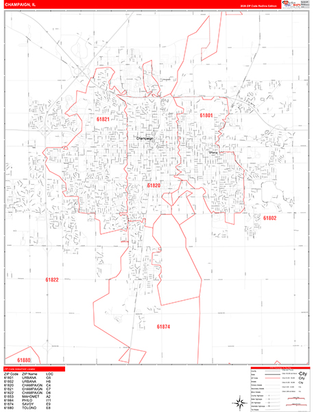 Champaign City Wall Map Red Line Style