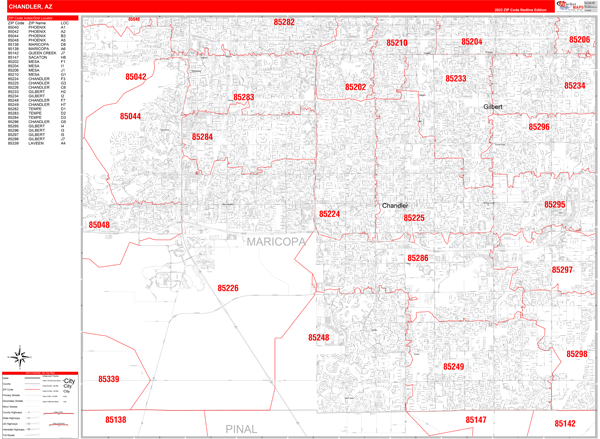 Chandler City Wall Map Red Line Style