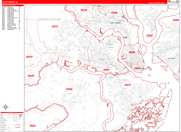 Charleston City Digital Map Red Line Style
