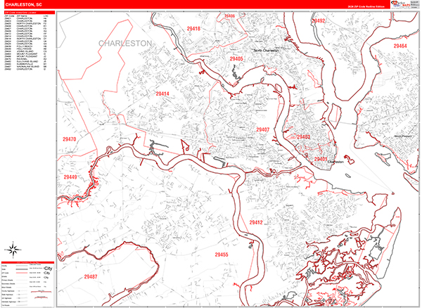 Charleston City Digital Map Red Line Style