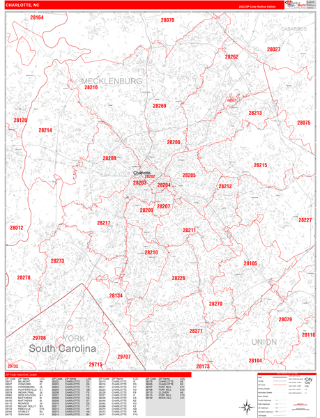 Charlotte City Wall Map Red Line Style