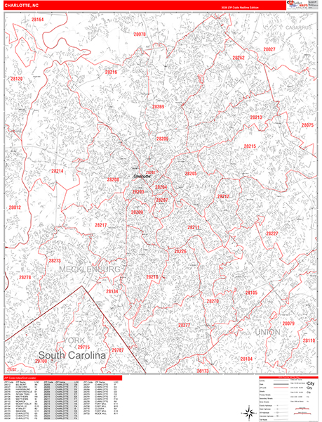 Charlotte City Wall Map Red Line Style