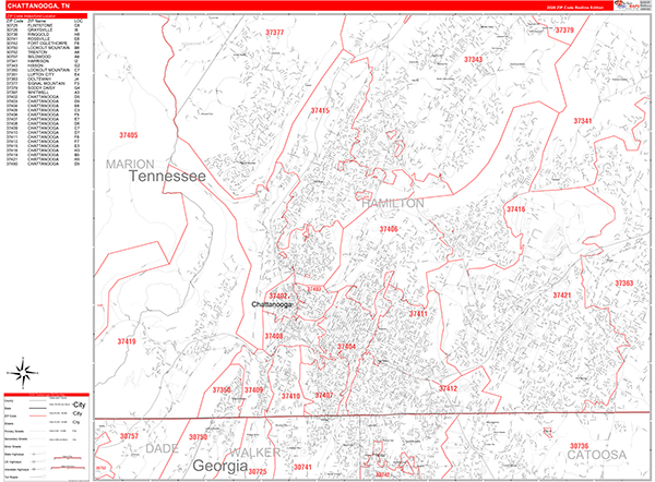 Chattanooga City Wall Map Red Line Style