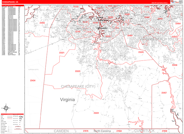 Chesapeake Wall Map Red Line Style