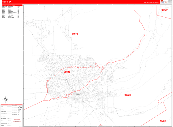 Chico City Wall Map Red Line Style