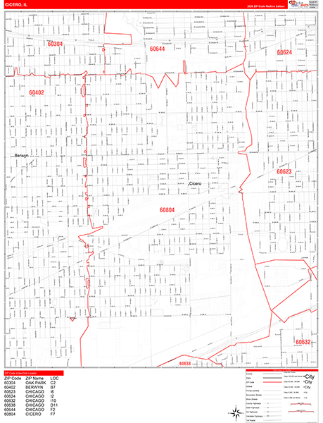 Cicero City Wall Map Red Line Style
