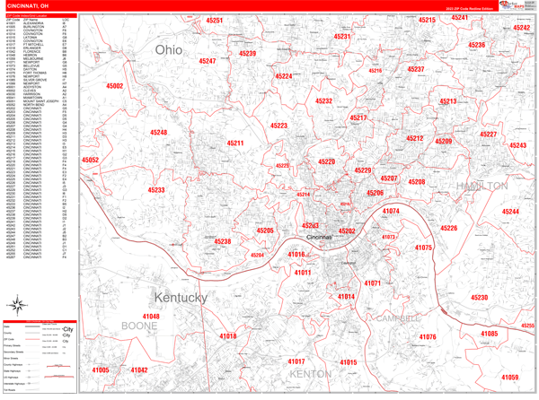 Cincinnati City Digital Map Red Line Style