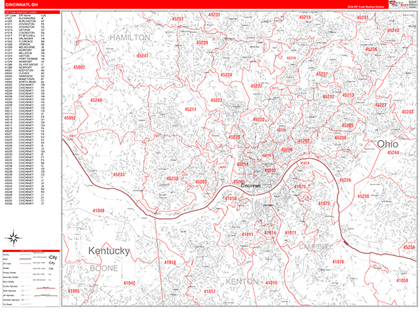 Cincinnati City Wall Map Red Line Style