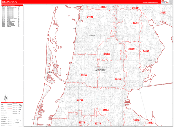 Clearwater City Digital Map Red Line Style