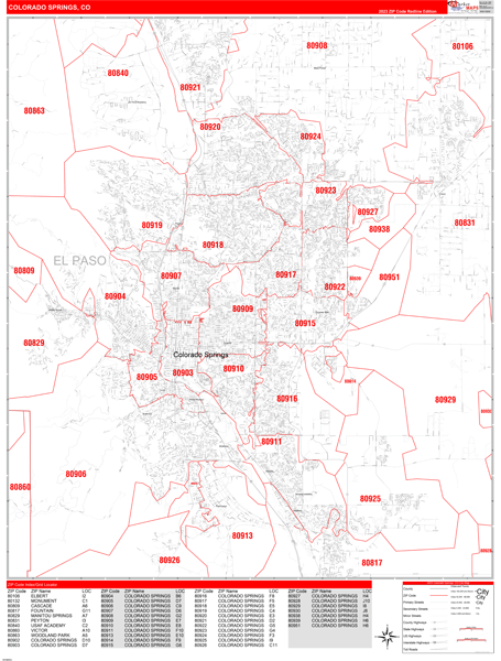Colorado Springs Colorado Zip Code Wall Map (Red Line Style) by MarketMAPS
