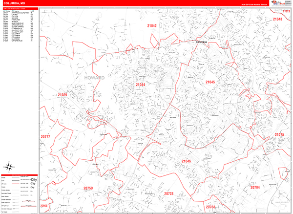 Columbia Wall Map Red Line Style