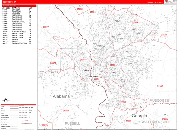 Columbus City Wall Map Red Line Style