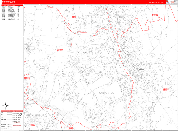 Concord City Wall Map Red Line Style