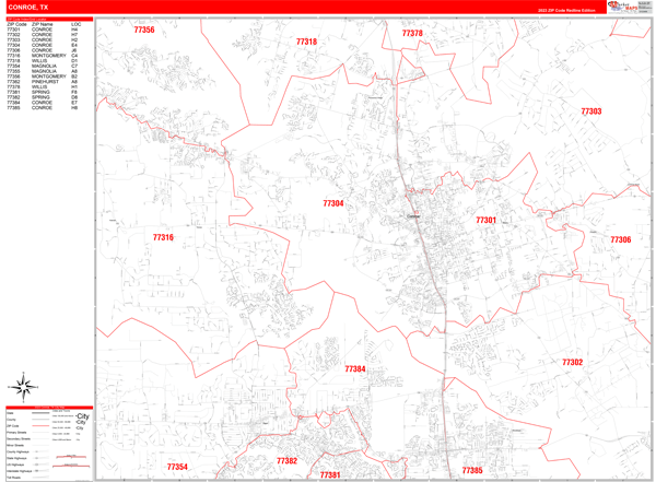 Conroe City Wall Map Red Line Style