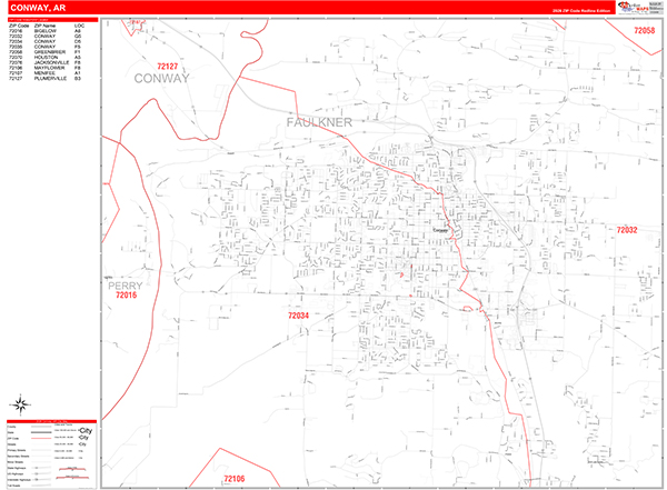 Conway City Wall Map Red Line Style
