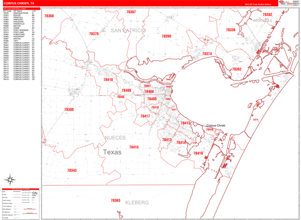 Corpus Christi, TX Zip Code Wall Map - Red Line