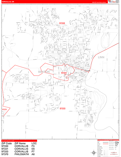 Corvallis City Wall Map Red Line Style
