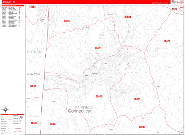 Danbury City Wall Map Red Line Style