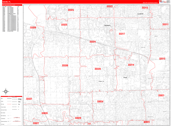 Davie City Wall Map Red Line Style