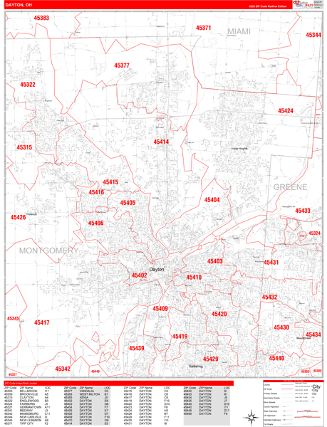 Dayton City Wall Map Red Line Style