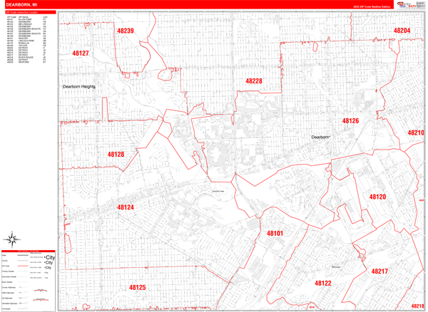 Dearborn City Wall Map Red Line Style