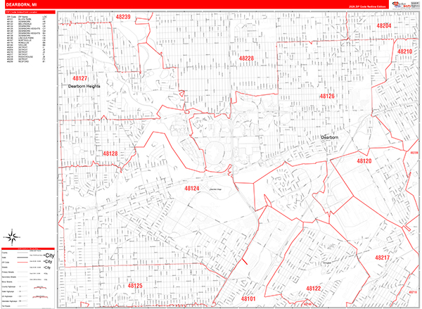 Dearborn City Wall Map Red Line Style