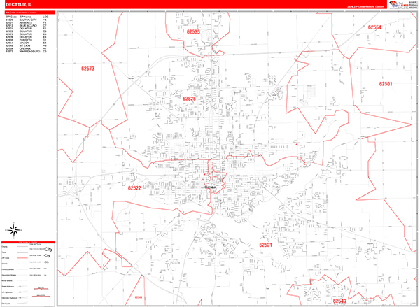 Decatur City Wall Map Red Line Style