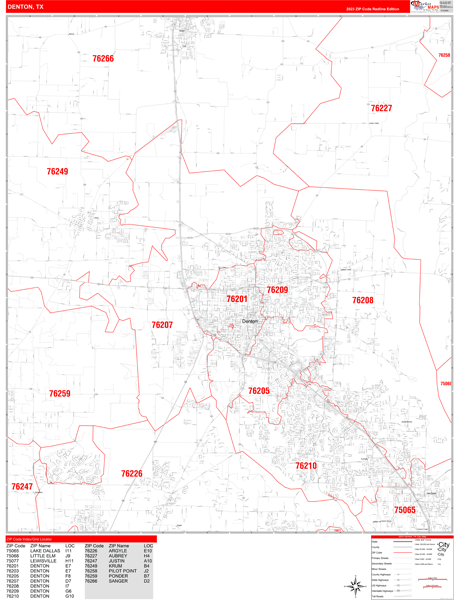 Denton City Digital Map Red Line Style