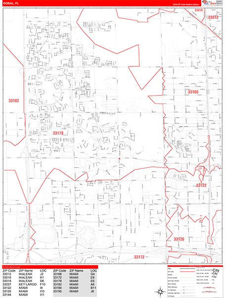 Doral City Wall Map Red Line Style