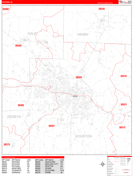 Dothan City Digital Map Red Line Style