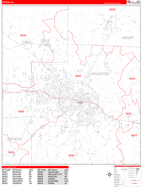 Dothan City Wall Map Red Line Style