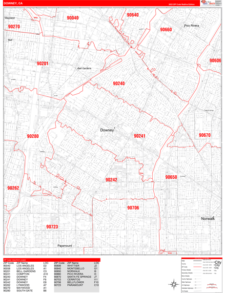 Downey City Wall Map Red Line Style