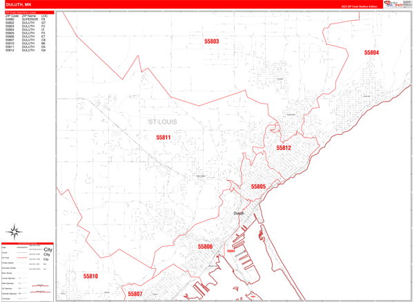 Duluth City Wall Map Red Line Style