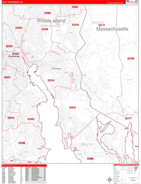 East Providence Rhode Island Zip Code Maps - Red Line